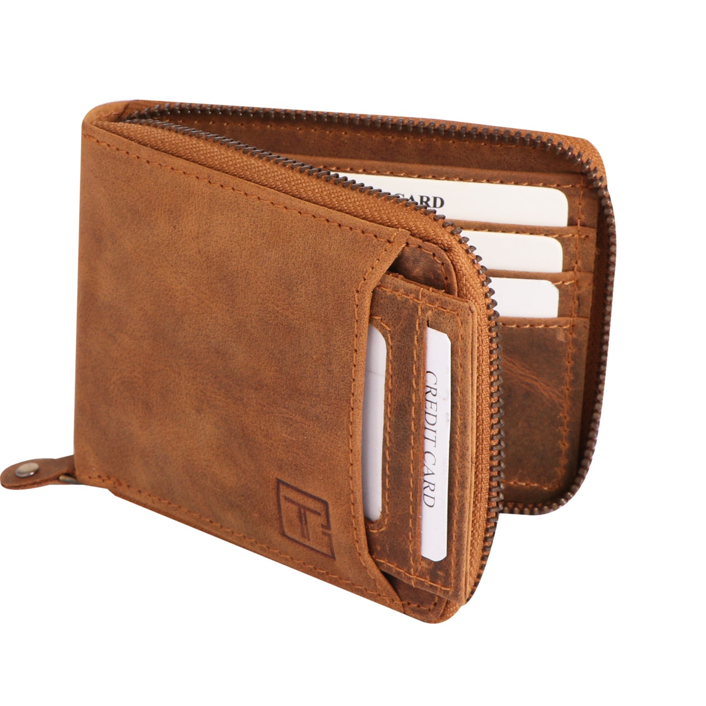 Men Light Brown Zip-Around Leather Wallet